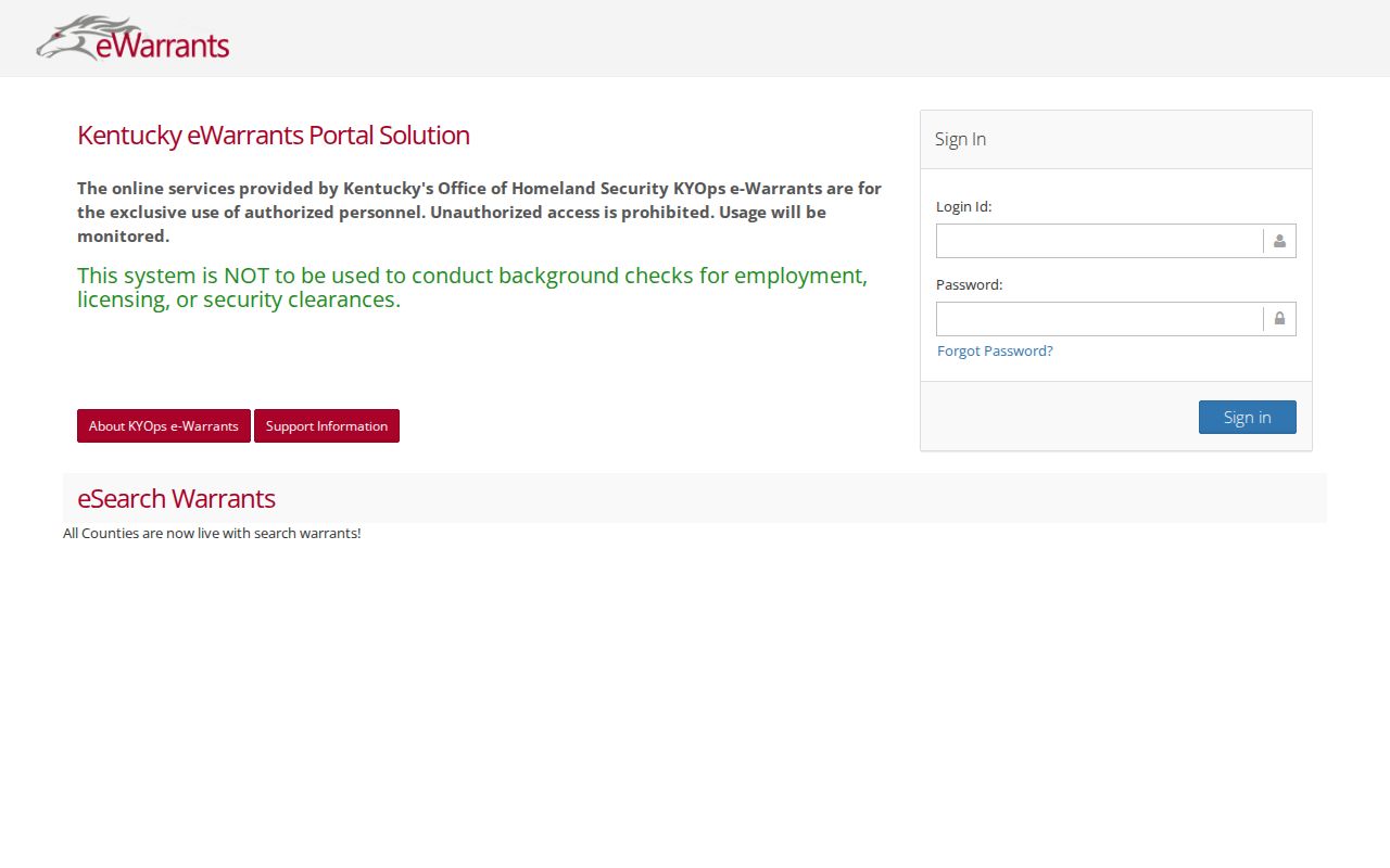 Kentucky eWarrants authorized personnel landing page